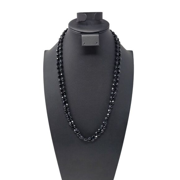 Vintage Signed Austrian Black Glass Beaded Flapper Necklace Oblong Bicone Long - Picture 7 of 13